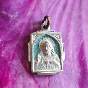 Vintage medal pendant charm Sacred Heart of Jesus blue enamel silver tone